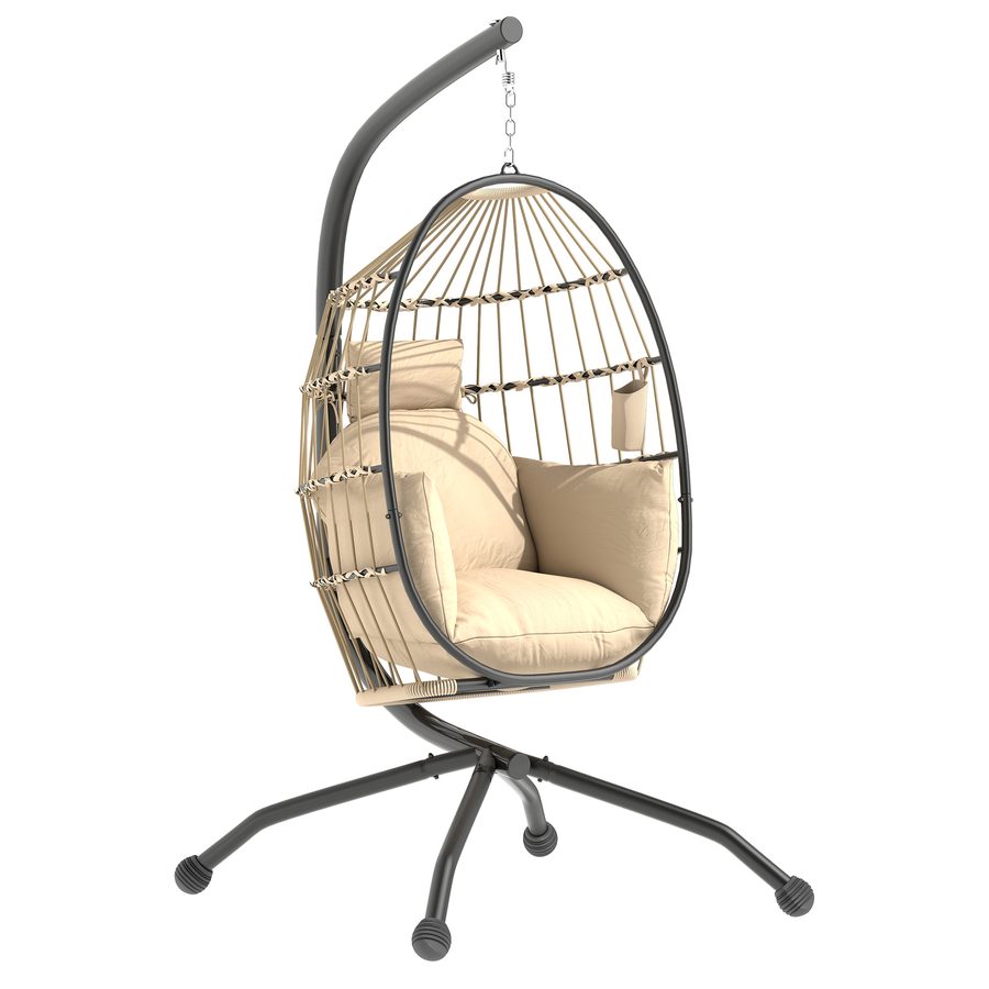 Outsunny Eiförmiger Hängesessel mit Gestell, faltbar Hängeschaukel mit Becherhalter, abnehmbar waschbar Sitz, Hängematte, Schaukelsessel für Terrasse, Garten, Khaki   Aosom von Outsunny