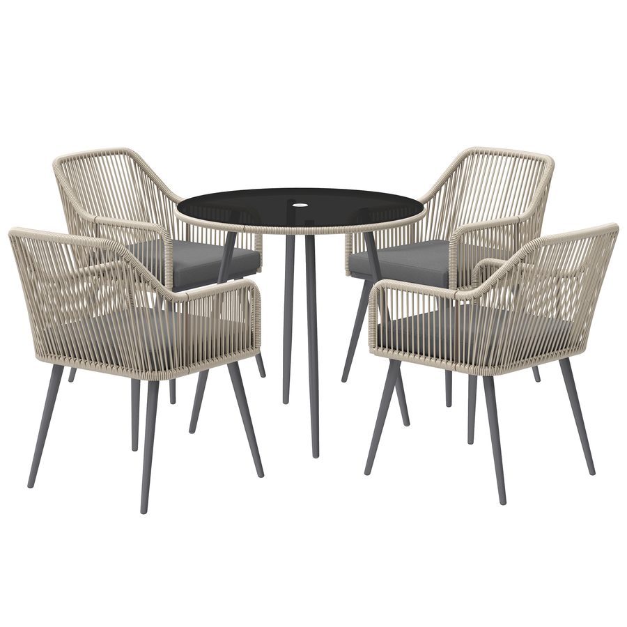 Outsunny Gartenmöbel-Set im Freien aus geflochtenem Rattan für 4 Personen, Tisch und Stühle für den Außenbereich, Gartenmöbel mit Kissen und runder Glastischplatte, für Terrasse, Garten, Balkon, Braun   Aosom von Outsunny