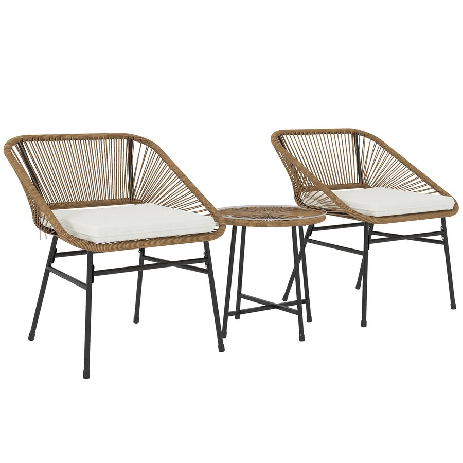 Outsunny Gartenmöbelset 3-teilig aus PE-Rattan und Stahl, 2 Stühle mit Kissen und runder Kaffeetisch mit Glasplatte, Balkonmöbel-Set, für Terrasse und Hof, Naturholzfarbe   Aosom von Outsunny