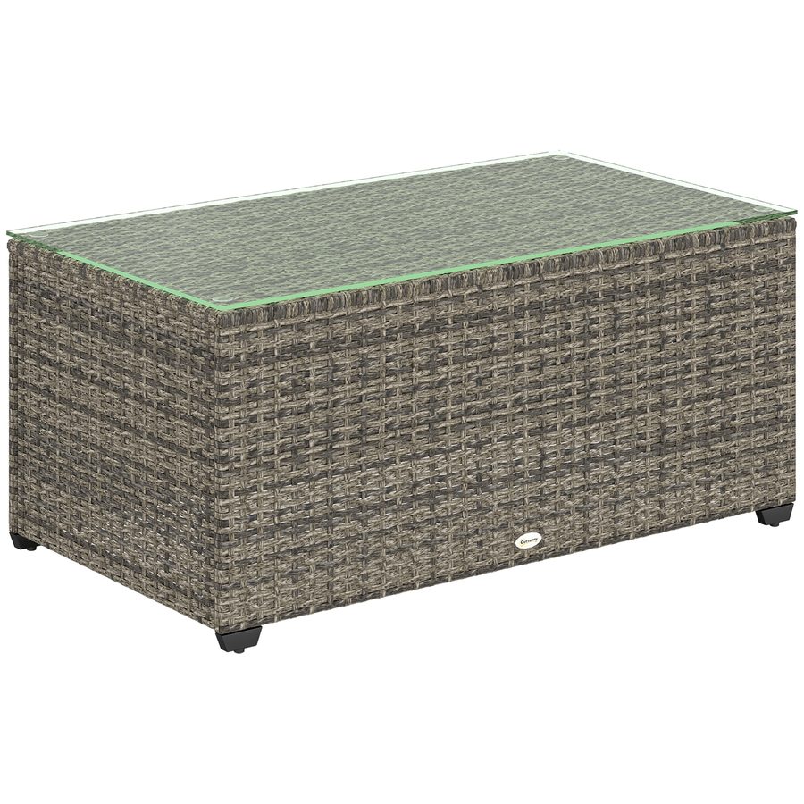 Outsunny Gartencouchtisch, Beistelltisch in geflochtener Rattan-Optik mit Sicherheitsglasplatte, Stahlrahmen, für Terrasse, Balkon, 90 x 50 x 38 cm, dunkelgrau   Aosom von Outsunny