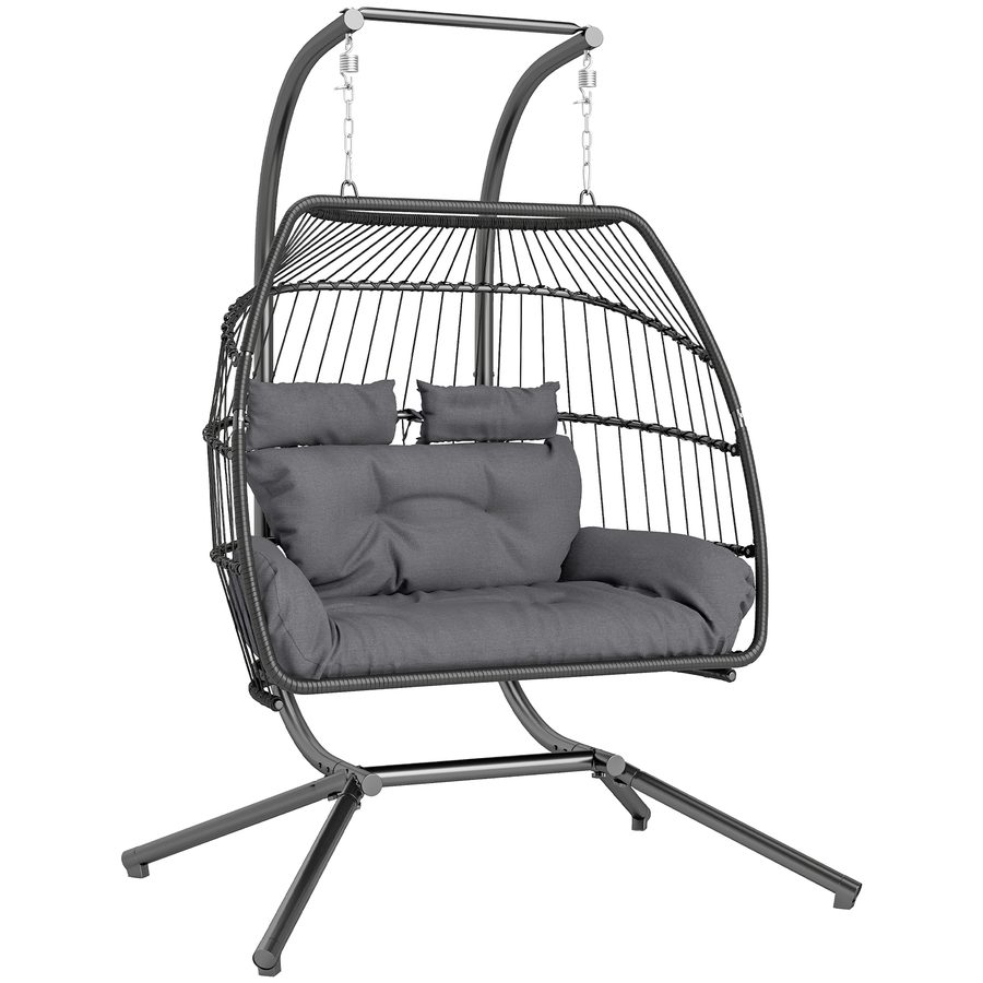 Outsunny Hängesessel mit Gestell faltbar Hängekorb mit Kissen Polyrattan Ergonomisch Hängeschaukel für 2 Personen Outdoor Hängestuhl belastbar bis 260kg Sessel für Balkon Terrasse Dunkelgrau   Aosom von Outsunny