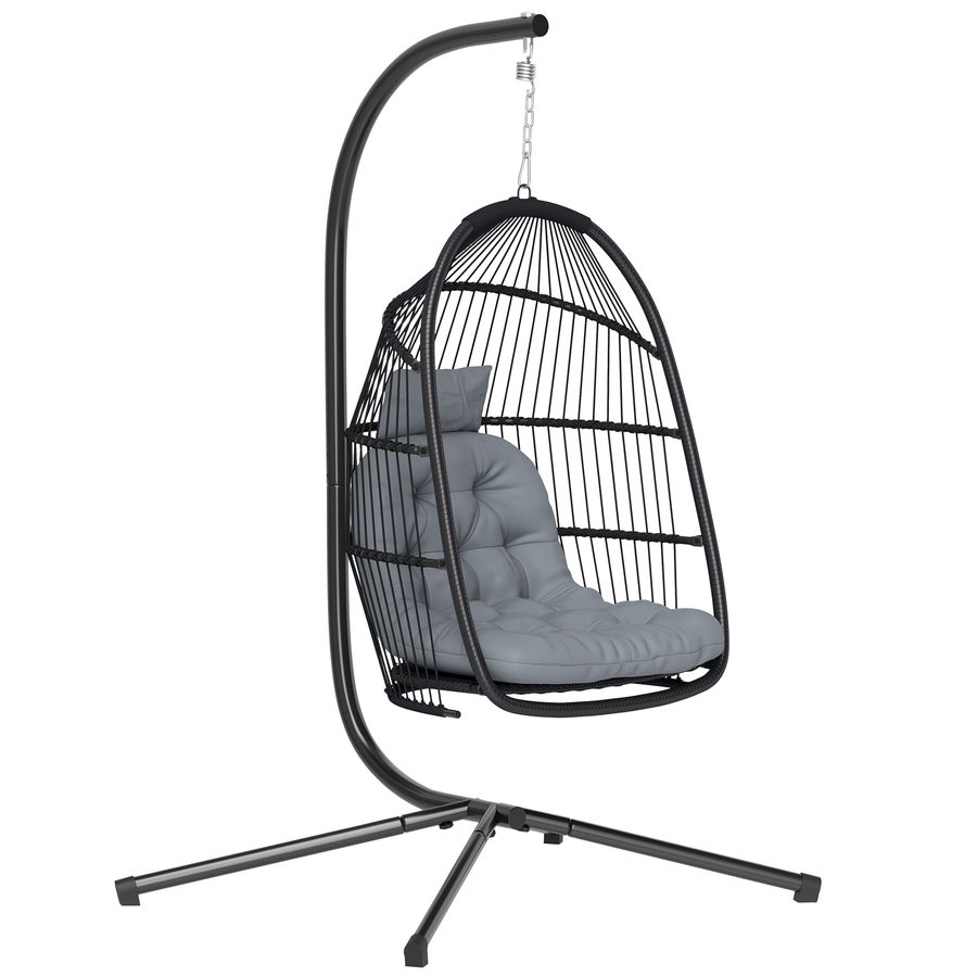 Outsunny Hängesessel Ei mit Gestell, Gartenschaukel außen mit klappbarem Korb, UV-beständiges Kissen und abnehmbarem Nackenkissen für Innen und Außen, Tragfähigkeit 150 kg, Dunkelgrau   Aosom von Outsunny