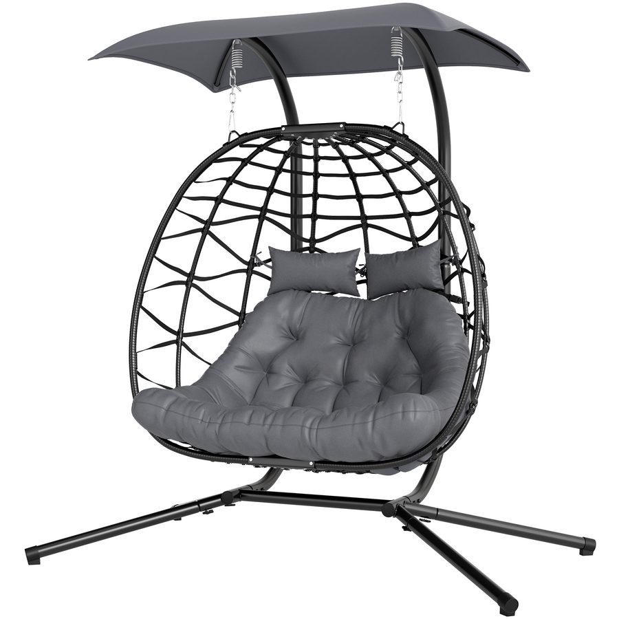Outsunny Hängesessel mit Gestell faltbar Hängekorb mit Kissen Sonnenschutzdach Polyrattan Hängestuhl für 2 Personen Outdoor Hängeschaukel belastbar bis 260kg Sessel für Balkon Terrasse Dunkelgrau   Aosom von Outsunny