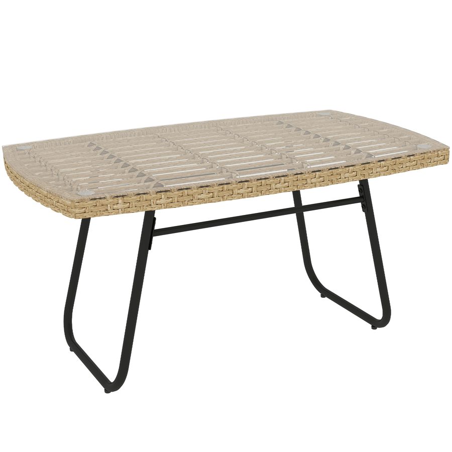Outsunny Polyrattan Gartentisch, 90 x 50 x 45 cm, UV-beständig Beistelltisch mit Glasplatte, rechteckiger Terrassentisch, Balkontisch für Garten, Terrasse, Balkon Naturholz   Aosom von Outsunny