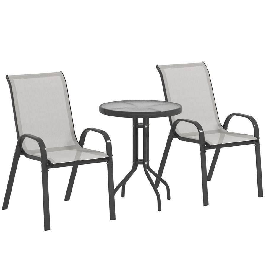 Outsunny 3-teiliges Terrassen-Set mit Tisch und Stühlen, Gartenmöbel mit stapelbaren Stühlen, Glasplatte und Stahlgestell, für Terrasse, Hellgrau   Aosom von Outsunny