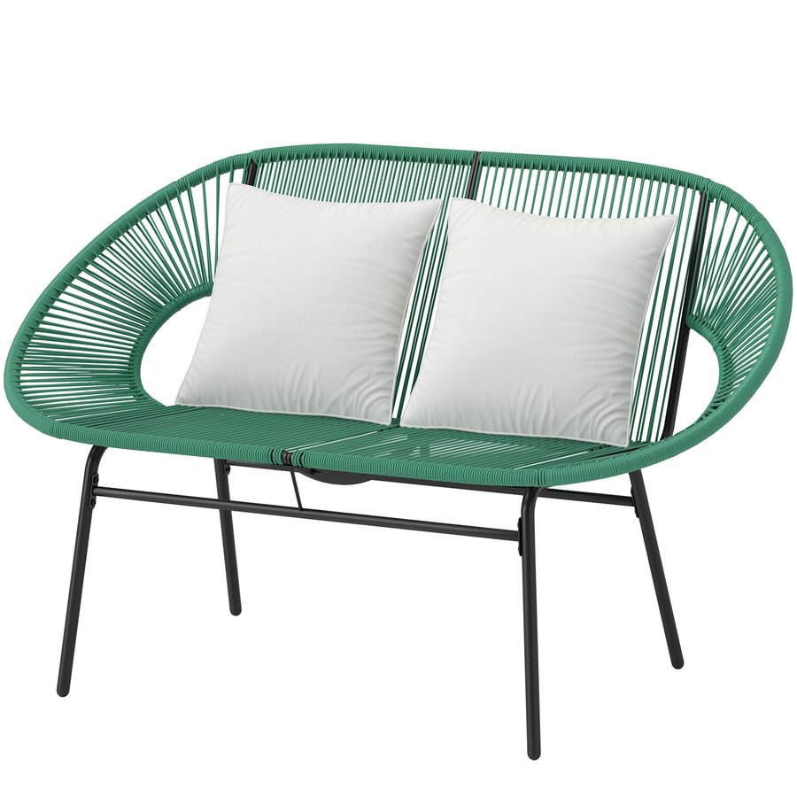Outsunny Gartenbank 2-Sitzer aus Stahl und Rattan-Seilgeflecht mit 2 Kissen - Maße 132L x 72B x 83H cm - Dunkelgrün   Aosom von Outsunny