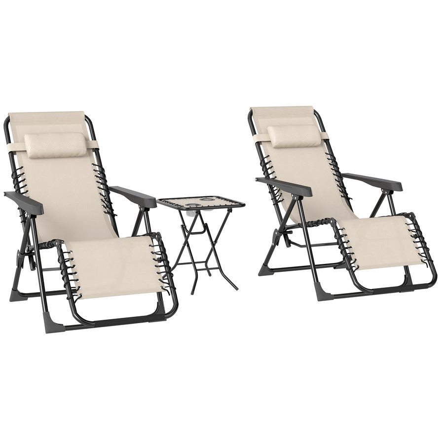 Outsunny Gartenliege Set 3-TLG. Klappbar Sonnenliege mit Teetisch 2 Stühle Kopfkissen, Outdoor Liege wetterfest Relaxliege Liegestuhl aus Metall Strandliege für Garten, Terrasse 90x56x110 cm Beige   Aosom von Outsunny