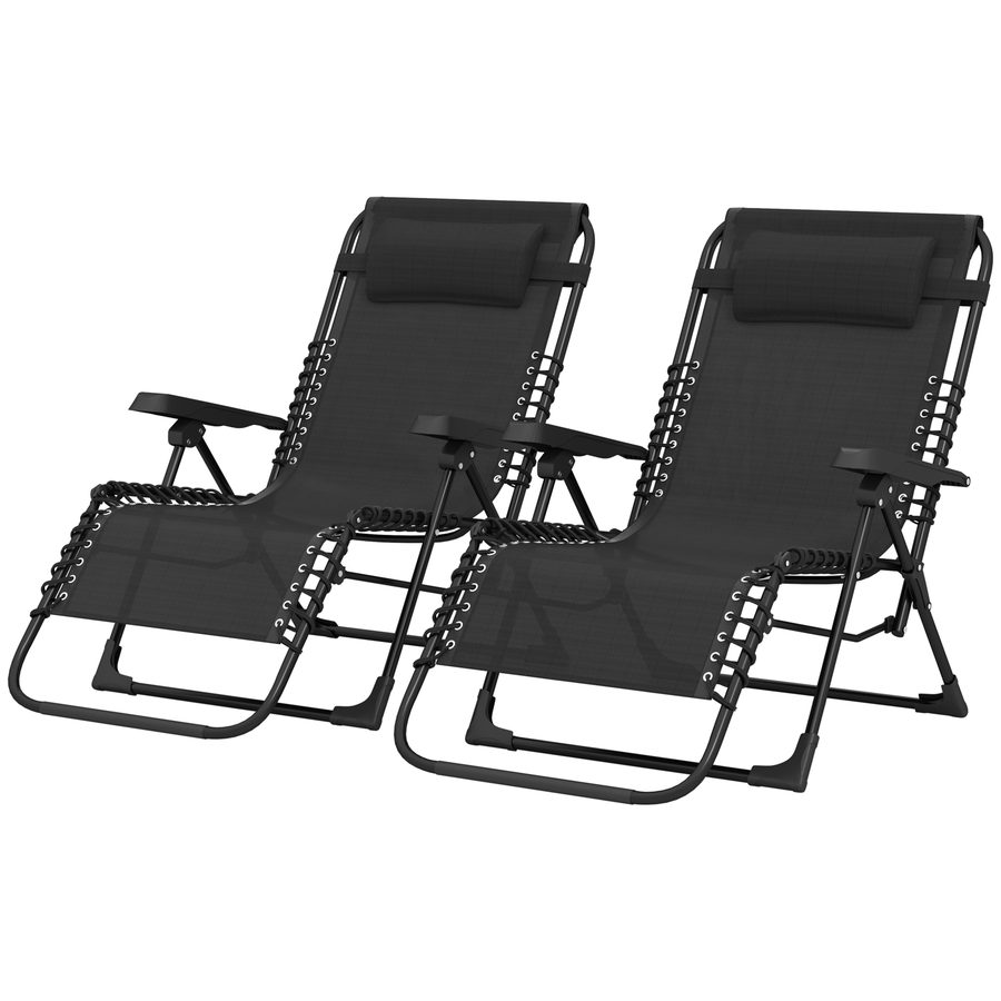 Outsunny Set mit 2 Sonnenliegen, klappbarer Liegestuhl mit Kopfkissen aus Textilene, verstellbare Outdoor-Sonnenliege für Strand Camping Pool Terrasse, 90 x 65 x 112 cm, Schwarz   Aosom von Outsunny