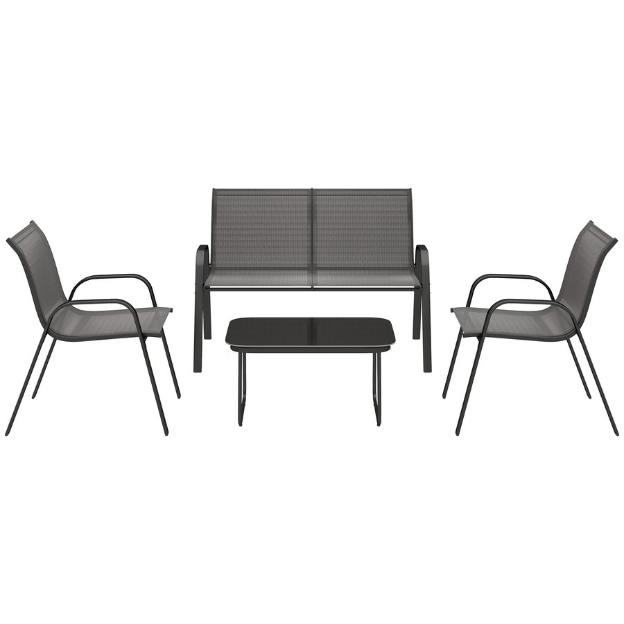 Outsunny 4-teiliges Gartensofa-Set mit Zweisitzer-Sofa, 2 stapelbaren Stühlen und Glastisch, Stahlmöbel-Set, Texteline für Terrasse und Patio, Schwarz   Aosom von Outsunny