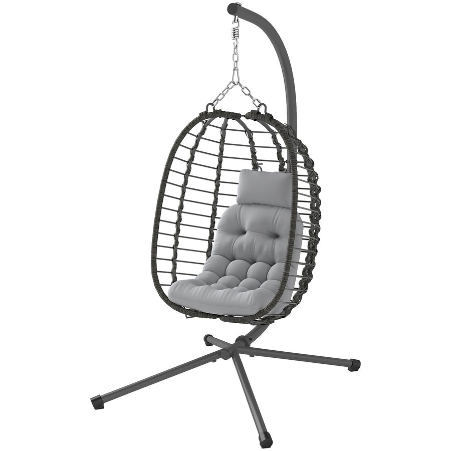 Outsunny Hängender Rattansessel mit Haken, Gepolstertem Kissen und Kopfstütze, Garten-Hängesessel Klappbar mit X-förmigem Stahl, für Innen- und Außenbereich, Hellgrau   Aosom von Outsunny