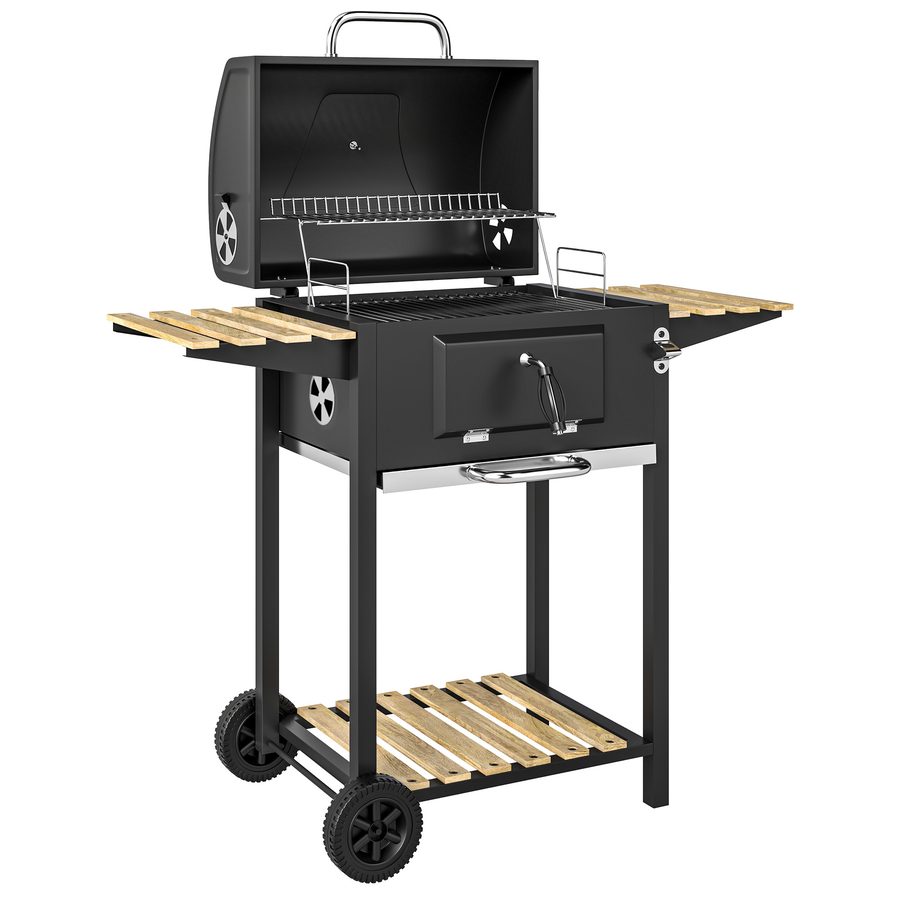 Outsunny Holzkohlegrill aus Edelstahl fahrbar Grillwagen mit Deckel Thermometer Grillrost Räder Griff verstellbar Kohlewanne, Kohlegrillwagen mit Holzablage BBQ Smoker für Camping Garten 112x58x107cm   Aosom von Outsunny