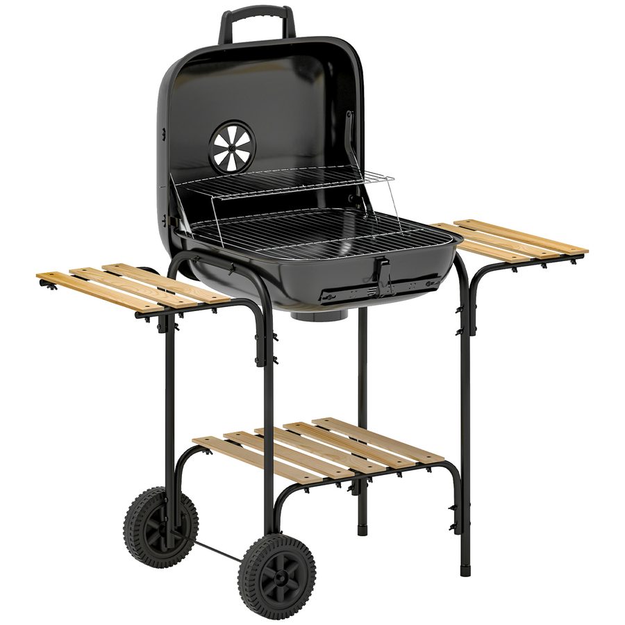 Outsunny Holzkohlegrill aus Stahl fahrbar Grillwagen mit abschließbarem Deckel Grillrost Räder Griff, Kohlegrillwagen mit Holzablage BBQ Smoker für Camping Garten 98 x 54 x 91 cm Schwarz   Aosom von Outsunny