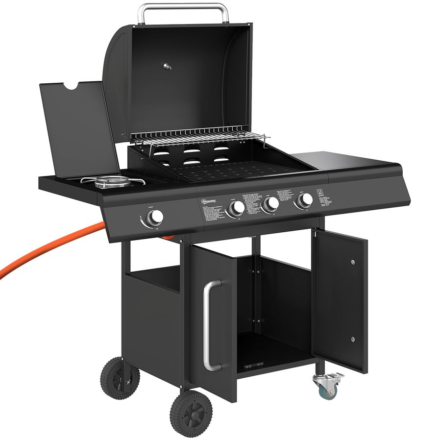 Outsunny Gasgrill 12,2 KW 3+1 Brenner BBQ Grillwagen aus Edelstahl inkl Rolle Seitenbrenner Thermometer Grillrost Kochfeld Seitentisch Gas-Grill für Balkon Camping 118,5 x 56 x 110 cm   Aosom von Outsunny