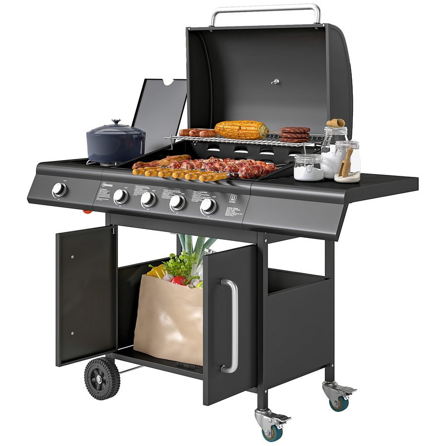 Outsunny Gasgrill 15,2 KW Grillwagen inkl 5 Edelstahl-Brenner Rolle Seitenkocher Druckminderer Gasschlauch Deckel Thermometer Seitenablagen, BBQ Gartengrill für Balkon, Grill 129,5 x 56 x 110 cm   Aosom von Outsunny
