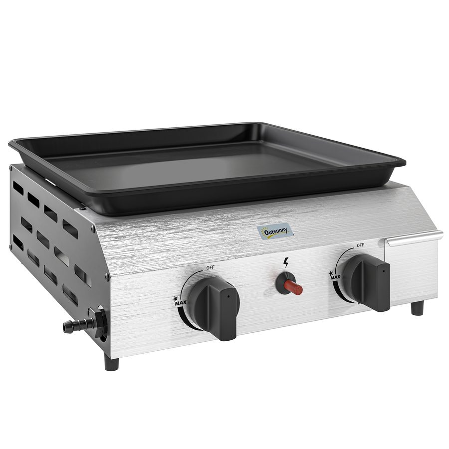 Outsunny Gasgrill 8000BTU/2,4 KW Grillwagen inkl 2 Edelstahl-Brenner Druckminderer Gasschlauch verstellbare Beine Kochplatte, BBQ Gartengrill für Balkon, Camping-Grill 44 x 44,5 x 19 cm   Aosom von Outsunny