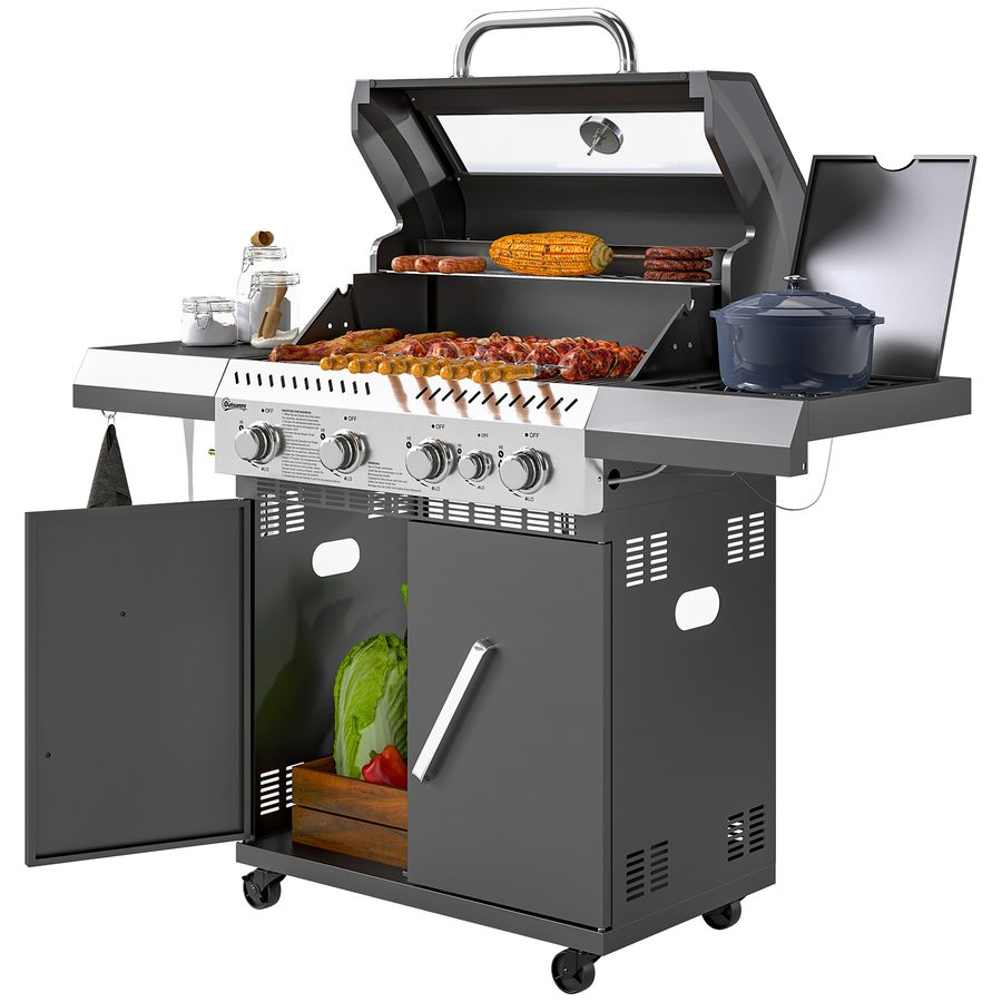 Outsunny Gasgrill 12 KW Grillwagen inkl 5 Brenner Seitenkocher Rolle Druckminderer Deckel Gasschlauch 2 Heizzonen Thermometer Seitenablagen, BBQ Gartengrill für Balkon, Grill 135 x 54 x 110 cm   Aosom von Outsunny