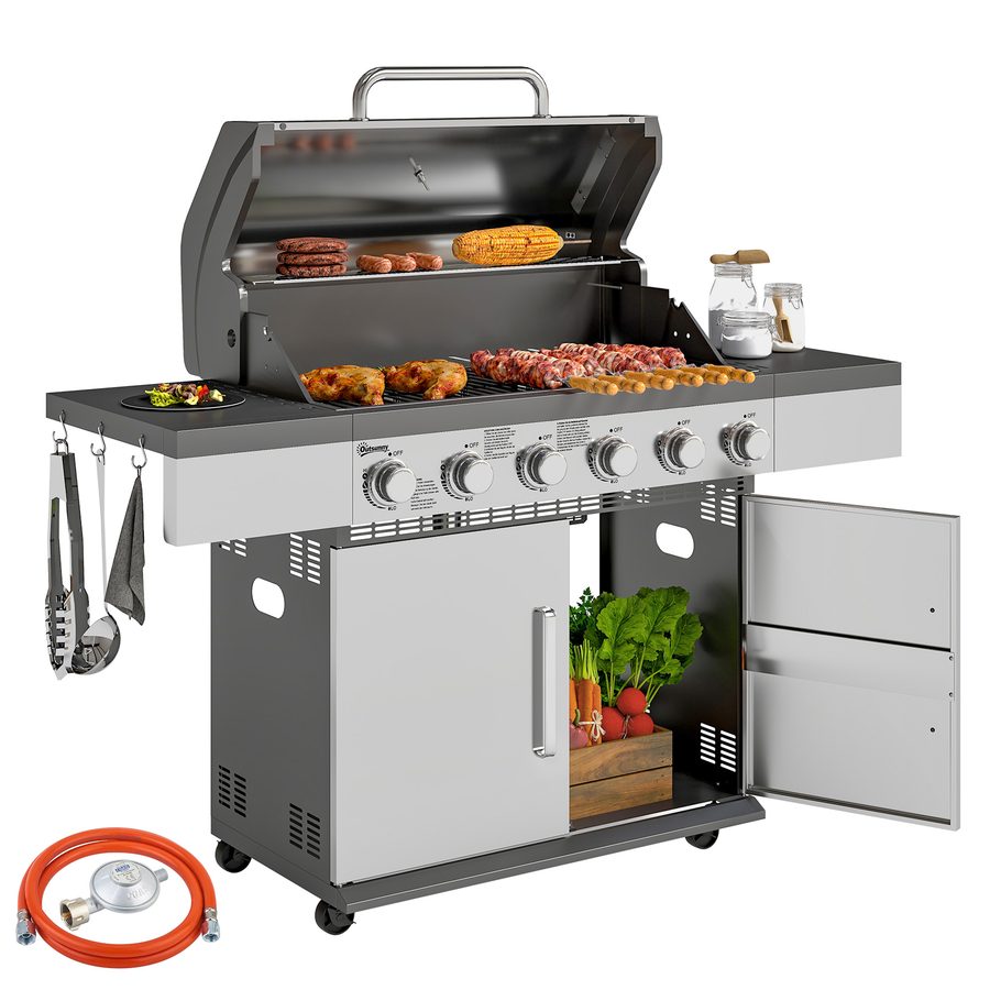 Outsunny Gasgrill 8500BTU Grillwagen inkl 6 Edelstahl-Brenner Rolle Thermometer Druckminderer Gasschlauch Deckel Seitenablagen, BBQ Gartengrill für Balkon, Camping-Grill 141 x 55 x 110 cm   Aosom von Outsunny