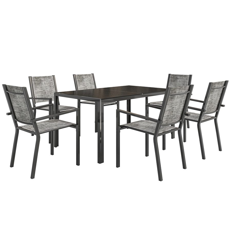 Outsunny Gartenmöbel-Set 7-teilig, Gartentisch im Freien mit 6 stapelbaren Stühlen, Latten-Platte 150 cm, rostfreier Stahlrahmen, Gartenmöbel, Terrasse, Patio, Schwarz   Aosom von Outsunny