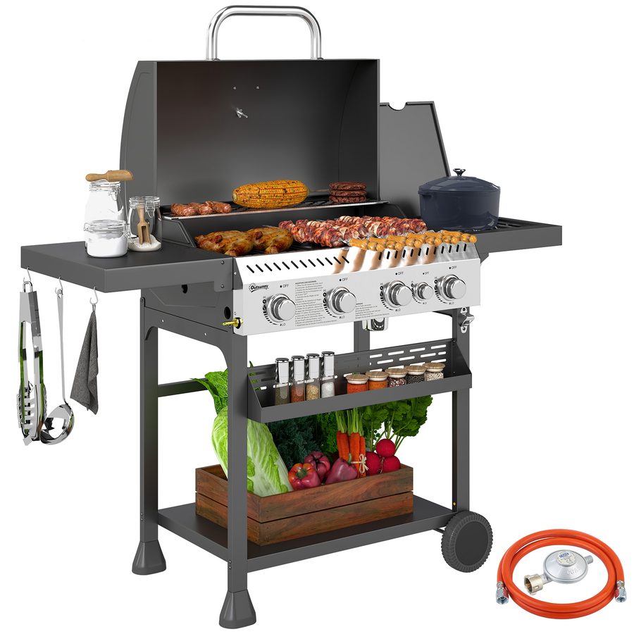 Outsunny Gasgrill 12 KW 4+1 Brenner BBQ Grillwagen aus Edelstahl inkl Seitenbrenner Thermometer Grillrost Kochfeld Flaschenöffner Seitenablagen Gas-Grill für Balkon Camping 135 x 55 x 103cm   Aosom von Outsunny