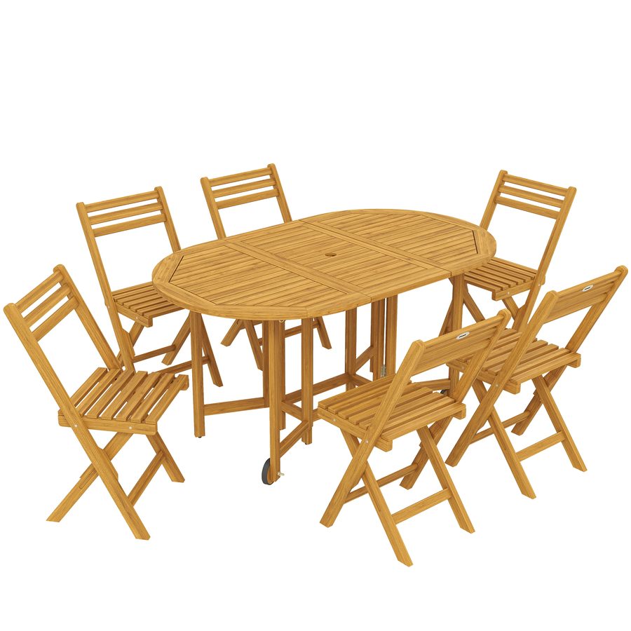 Outsunny Gartenmöbel Set holz Outdoor Essgruppe FSC ausziehbarer Esstisch mit 6 Klappstühlen Schirmloch schnellfaltbares Design Naturholz   Aosom.de von Outsunny