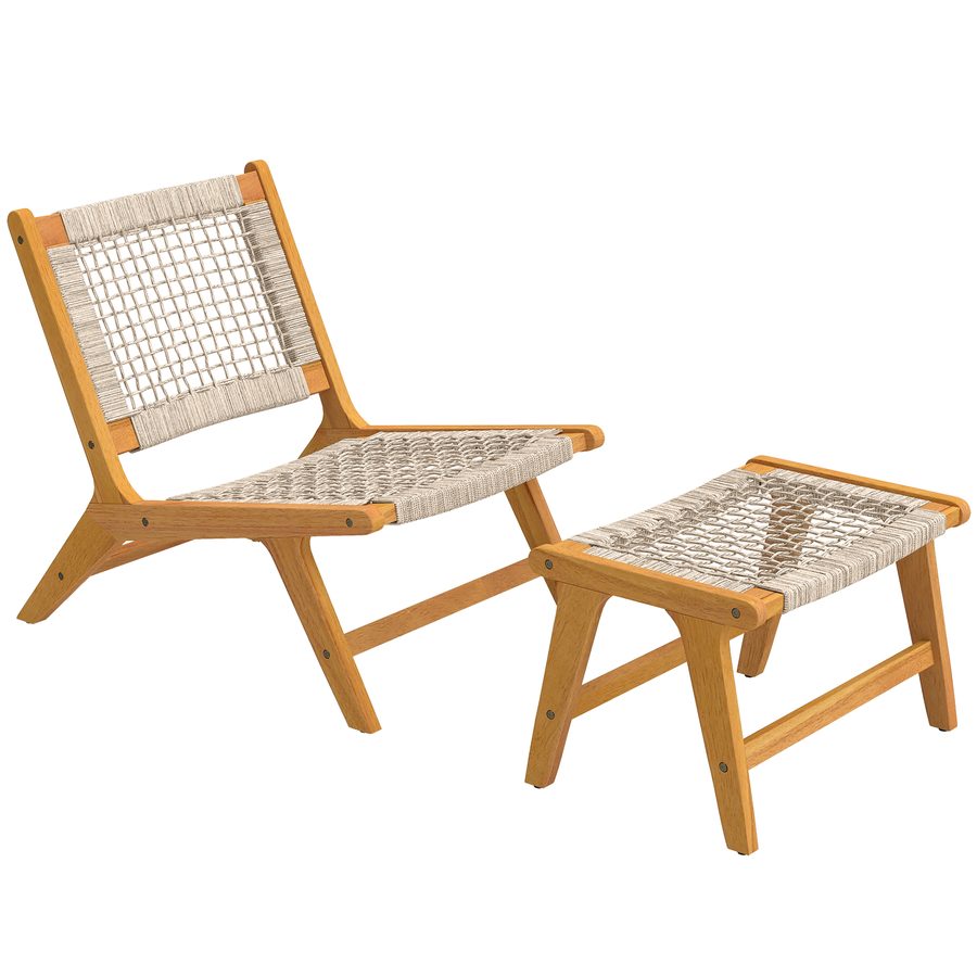 Outsunny Gartensessel mit Hocker 2-teilig FSC Akazienholz Outdoor Loungesessel mit Rattan-Sitz Boho-Stil verstellbare Füße, Polyrattan Lounge Set bis 160 kg Gartensessel für Garten Balkon Beige   Aosom von Outsunny