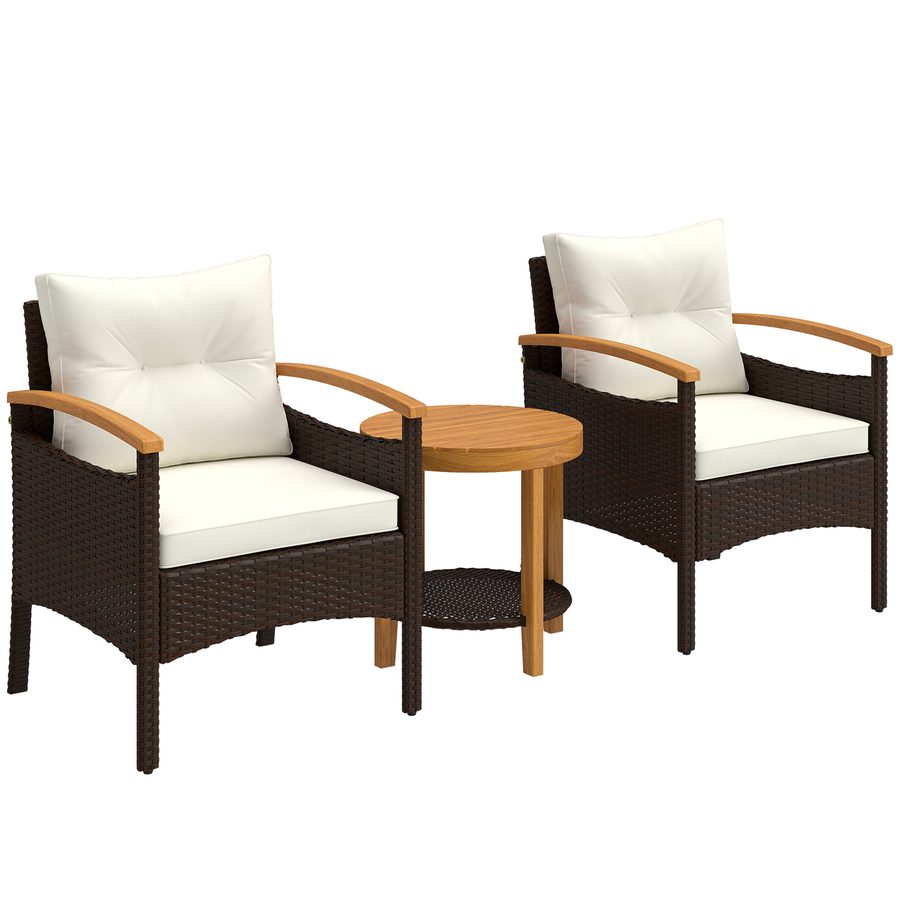 Outsunny Rattan Bistroset 3 teiliges FSC Akazienholz Gartenmöbel-Set mit 2 Sessel, 2-Ebene Tisch & Armlehne, dicke waschbare Kissen, Balkonmöbel-Set Sitzgruppe Gartengarnitur für Garten Cremeweiß   Aosom von Outsunny