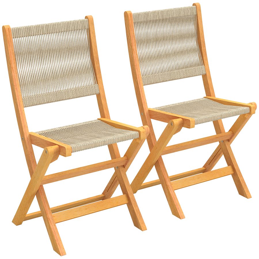 Outsunny 2er-Set faltbare Gartenstühle aus FSC-Akazienholz - Balkonstühle mit Rückenlehne und geflochtener Sitzfläche - Platzsparend, kein Aufbau, Natur & Beige   Aosom von Outsunny