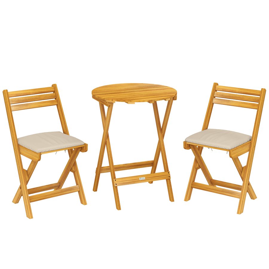 Outsunny Balkonmöbel Set 3 teilig FSC Holz klappbar Gartenmöbel Set mit runder Tisch 2 Stühle Sitzkissen Atmungsaktiv Lamellsitz, Balcony Furniture Sitzgruppe für Garten Balkon Naturholz   Aosom von Outsunny