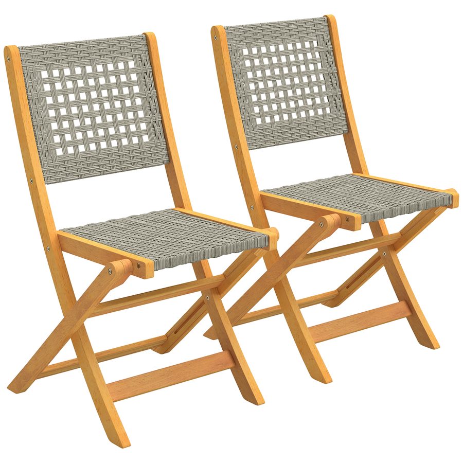Outsunny Gartenstühle 2 Stück FSC Klappstuhl mit Atmungsaktiv Sitz angenehme Sitzhöhe, Gartensessel aus Massivholz & Polyrattan Balkonstühle Stuhlset für Garten Balkon Terrasse Grau   Aosom von Outsunny