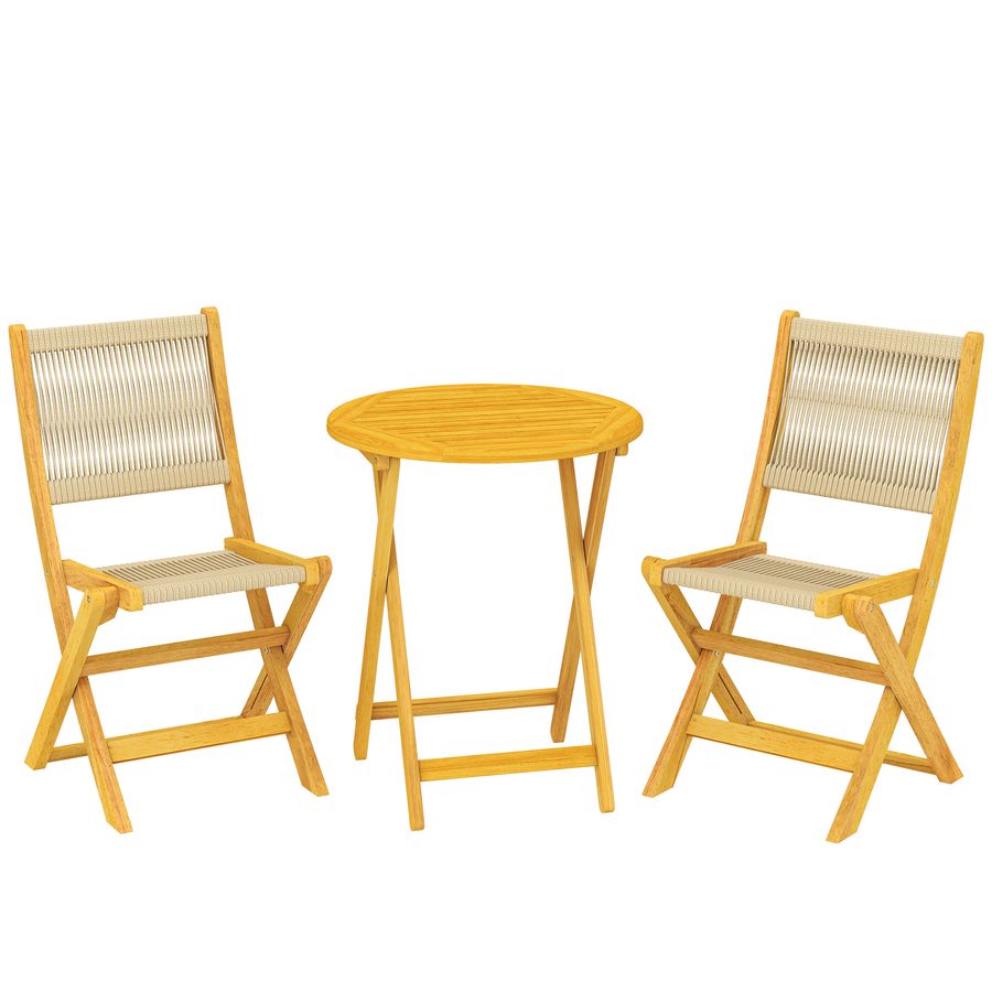 Outsunny Balkonmöbel Set 3 teilig Polyrattan Holz klappbar Gartenmöbel Set mit Tisch 2 Stühle Atmungsaktiv Rattansitz Lamelldesign, Balcony Furniture Sitzgruppe für Garten Balkon Naturholz   Aosom von Outsunny