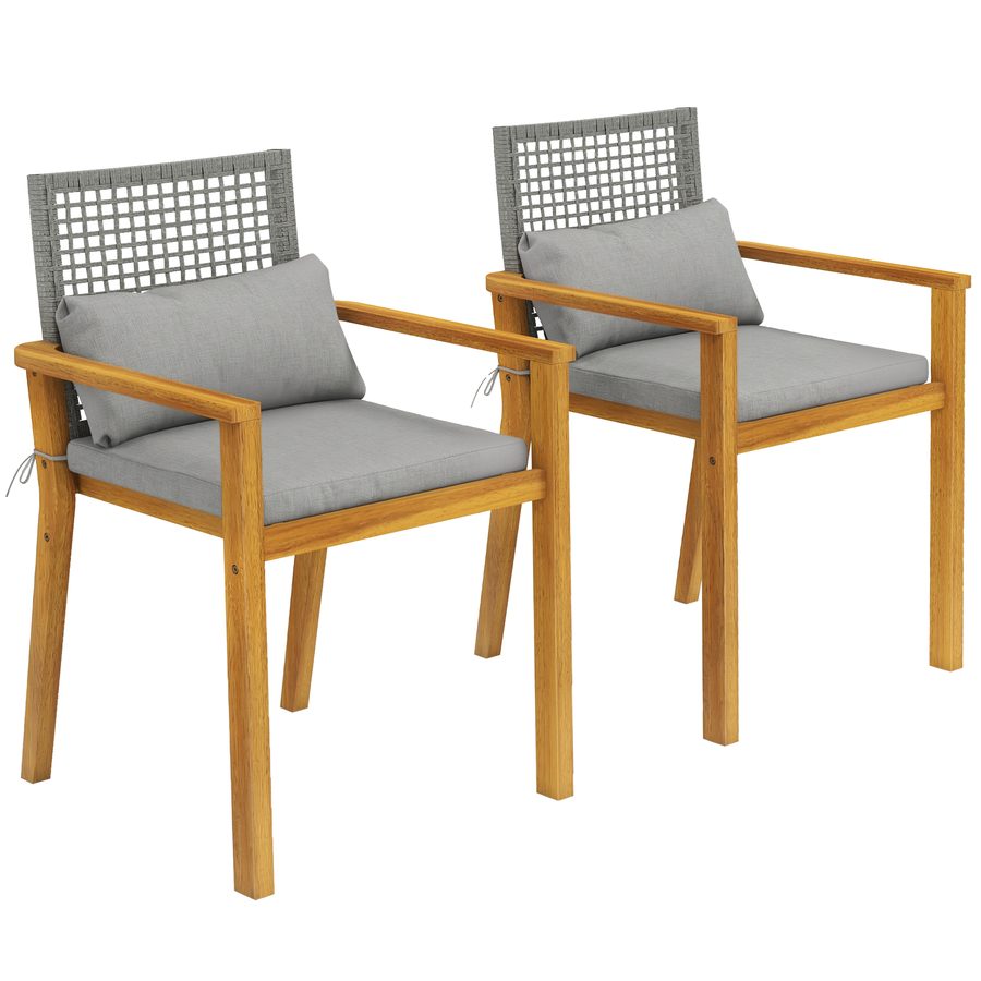 Outsunny 2er-Set Gartenstühle stapelbar aus FSC-Akazienholz, Outdoor-Rattan-Stühle mit Armlehnen, Sitz- und Dekokissen, für Garten Balkon Terrasse, 59x55x86 cm, Holzfarbe   Aosom von Outsunny