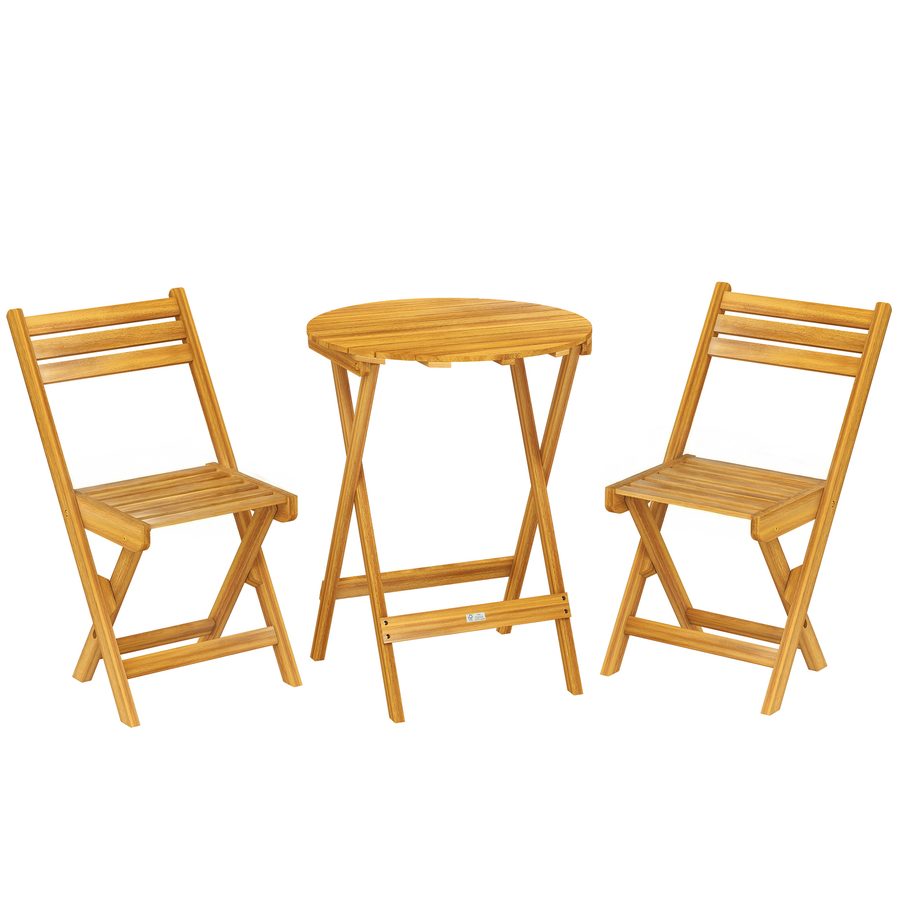 Outsunny 3-teiliges Bistro-Set klappbar aus Akazienholz, runder Tisch Ø 60 cm und 2 Lattenstühle, ohne Montage, Gartenlounge für Balkon, Terrasse, Garten, natur   Aosom von Outsunny