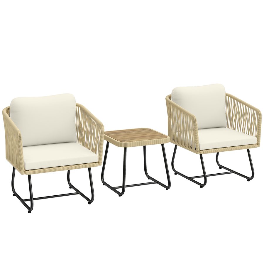 Outsunny Rattan Bistroset 3 teiliges FSC Akazienholz Gartenmöbel-Set mit 2 Sessel, Lamell-Tisch, dicke waschbare Kissen Stahlrahmen, Balkonmöbel-Set Sitzgruppe Gartengarnitur für Garten Cremeweiß   Aosom von Outsunny