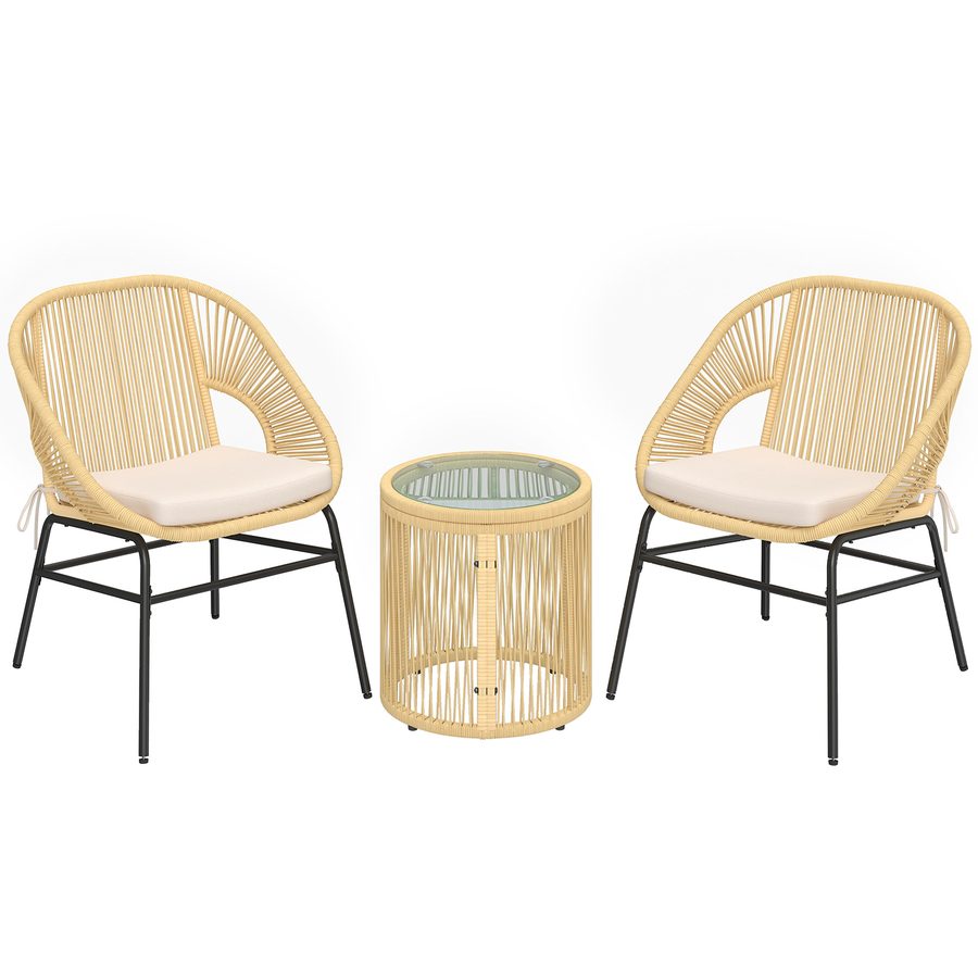 Outsunny Rattan Bistroset 3 teiliges Gartenmöbel-Set mit 2 Gartenstühlen, Glastisch, waschbaren Kissen, Ergonomische Balkonmöbel-Set Sitzgruppe Gartengarnitur für Garten, Terrasse, Beige   Aosom von Outsunny