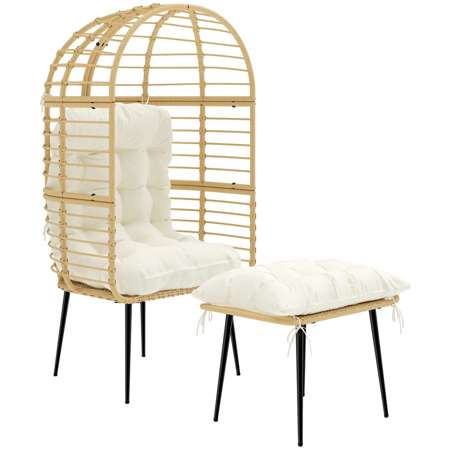 Outsunny Gartensessel mit Hocker PE Rattan Ei-Form Korbsessel mit langen & dicken Kissen Metallrahmen, Rattansessel im Boho-Stil Loungesessel für Wohnzimmer Garten Balkon Terrasse Beige   Aosom