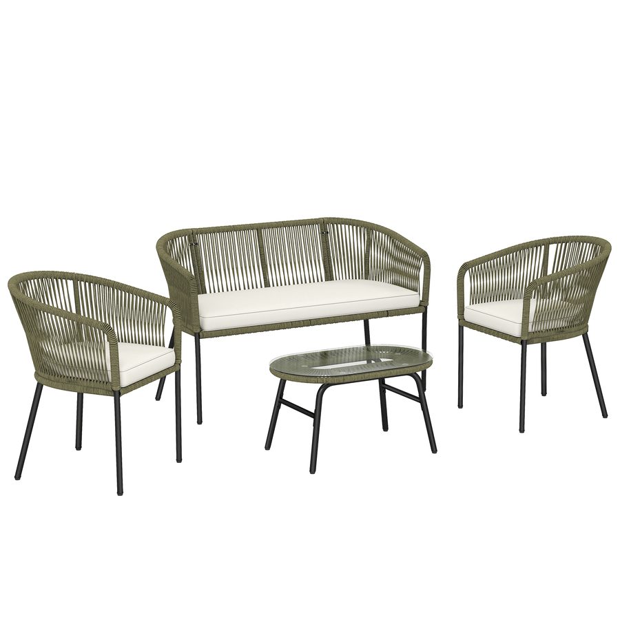 Outsunny Gartenlounge 4 Plätze - rundes PP-Geflecht mit 2-Sitzer Sofa, 2 Sesseln und Couchtisch mit gehärtetem Glas - Gartenmöbel für Balkon & Terrasse mit abnehmbaren Kissenbezügen, Creme   Aosom von Outsunny