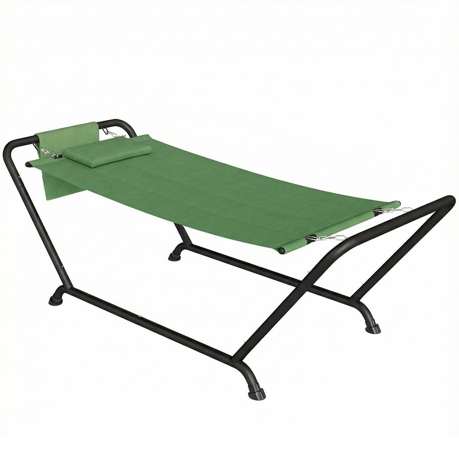 Outsunny Hängematte für den Außenbereich mit Gestell, freistehende Hängematte mit Seitentasche, Kopfkissen und Metallgestell, Tragkraft 150 kg für Garten, Balkon, Veranda, 237x90x92 cm, Dunkelgrün   Aosom von Outsunny