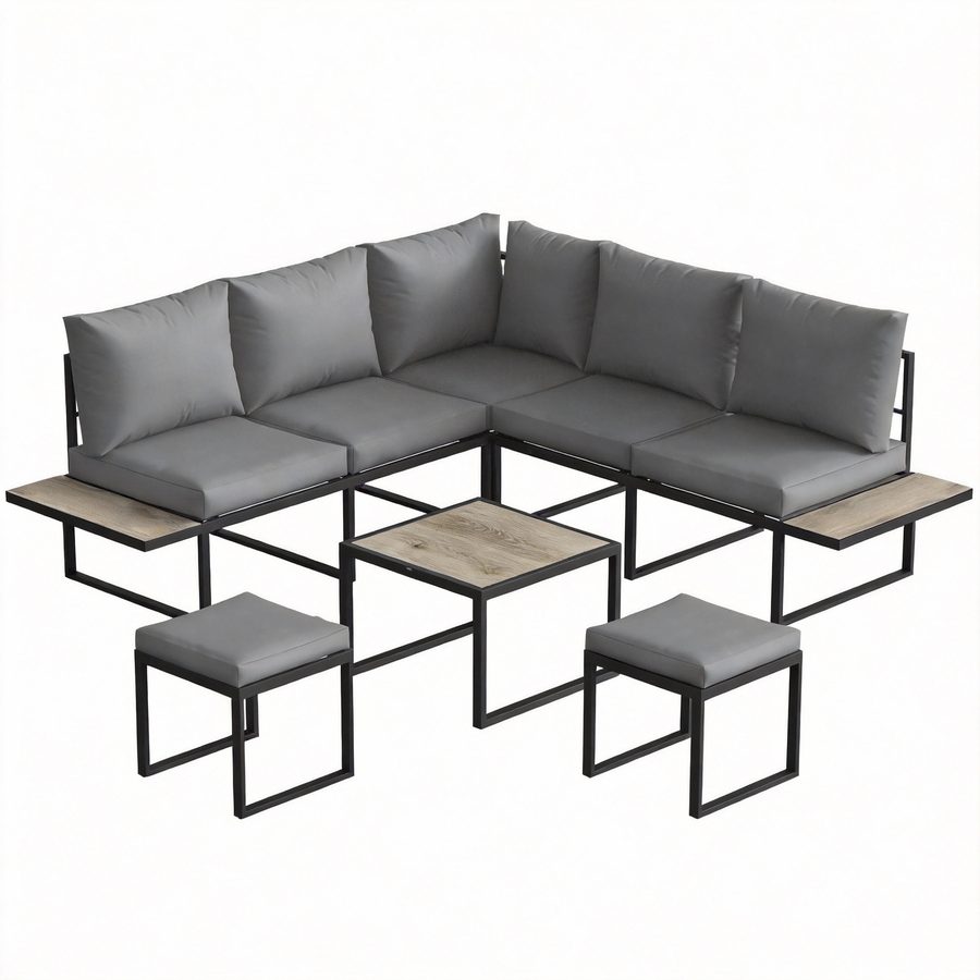 Outsunny Gartenlounge für 6 Personen - modulares Outdoor-Sofa-Set mit Couchtisch & seitlichen PSPC-Holzoptik-Platten - dicke 10 cm Sitzkissen, komfortabel für Terrasse, Balkon, grau   Aosom von Outsunny