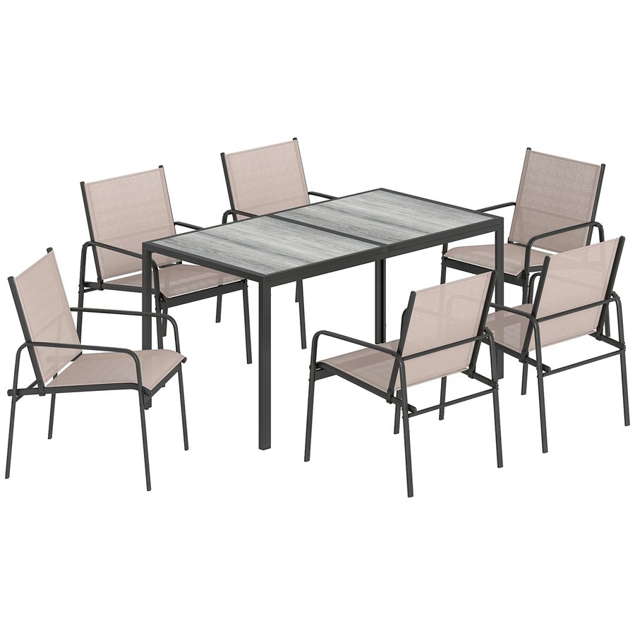 Outsunny 7-teiliges Tisch- und Stuhlset für Garten, Gartenmöbel für den Außenbereich mit Holzoptik-Tischplatte und 6 Stühlen mit atmungsaktivem Sitz, verzinkter Stahlrahmen, für Terrasse, Patio, Khaki   Aosom von Outsunny