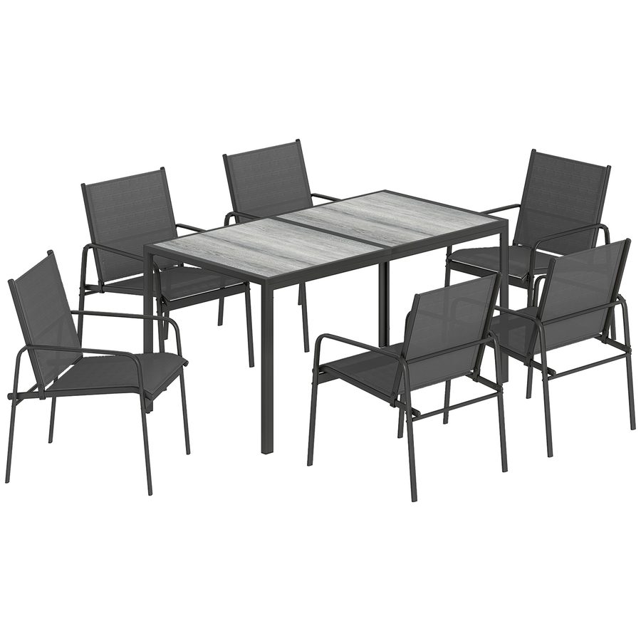 Outsunny Gartenmöbel Set Sitzgruppe 150 x 80cm Tisch mit 6 Atmungsaktiven Stühlen Holzoptik Stahlrahmen, wetterfest Essgruppe Gartenset Gartengarnitur für Garten Balkon Terrasse Schwarz   Aosom von Outsunny