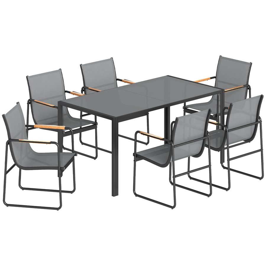 Outsunny 7-teiliges Outdoor-Esstisch-Set für 6 Personen, Glastisch und Stühle mit dekorativen Armlehnen, Gartenmöbel aus Stahl für Terrasse, Grau   Aosom von Outsunny