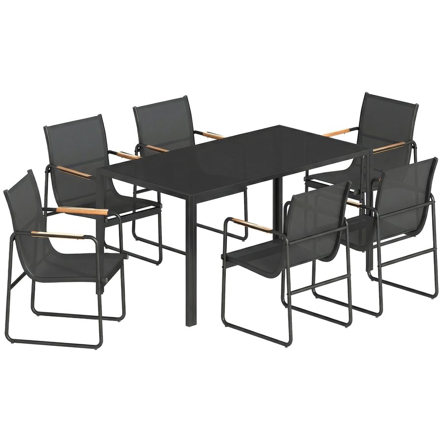 Outsunny Gartenmöbel Set Sitzgruppe 150 x 80cm Glastisch mit 6 Atmungsaktiven Stühlen Dekorative Armlehnen, wetterfest Essgruppe Gartenset Gartengarnitur für Garten Balkon Terrasse Schwarz   Aosom von Outsunny