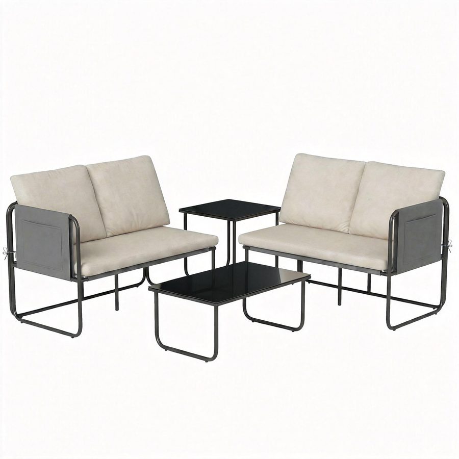 Outsunny 4-teiliges Gartenmöbel-Set, Gartenmöbel für Außen mit 2 Zweisitzern, 2 Glastischen, Kissen, abnehmbare Bezüge, Taschen, atmungsaktives Textilene, Stahlgestell, Khaki   Aosom von Outsunny