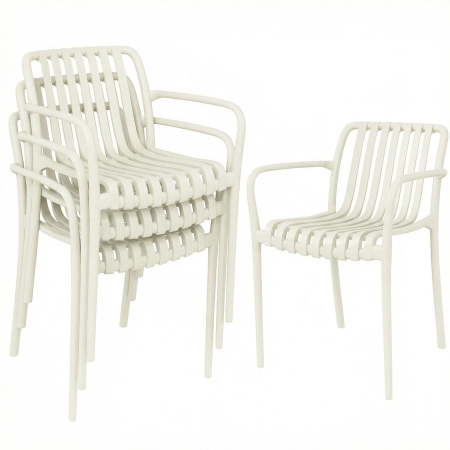 Outsunny Gartenstühle 4er Set Stapelbare Terrassenstühle mit Lamelldesign Armlehnen, Ergonomisch Balkonstühle bis 120 kg Stapelstühle für Garten, Balkon Terrasse 55 x 58,5 x 81,5 cm Cremeweiß   Aosom von Outsunny