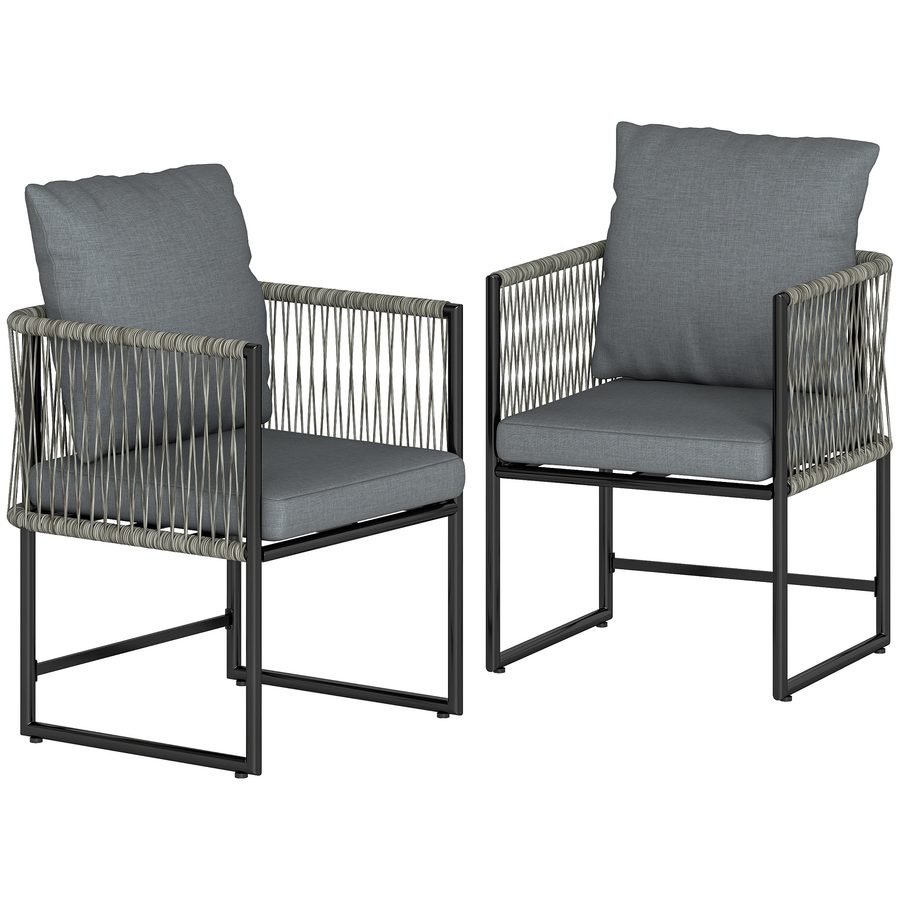 Outsunny Gartenstuhl 2er Set wetterfest Gartenstühle aus Stahl PE-Rattan Terrassenstuhl mit Kissen Armlehne Rückenlehne Gartenmöbel bis 120 kg belastbar für Hinterhof, Garten, Balkon Dunkelgrau   Aosom von Outsunny