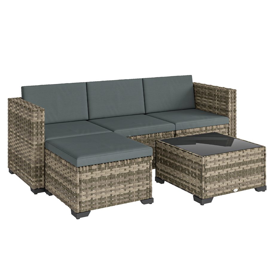 Outsunny 5-teiliges Rattan-Garten-Set, robustes Terrassen-Set, Gartenmöbel für draußen inkl. Kissen, 2 Ecksessel, Sessel ohne Armlehnen, Fußhocker und Couchtisch, Dunkelgrau   Aosom von Outsunny
