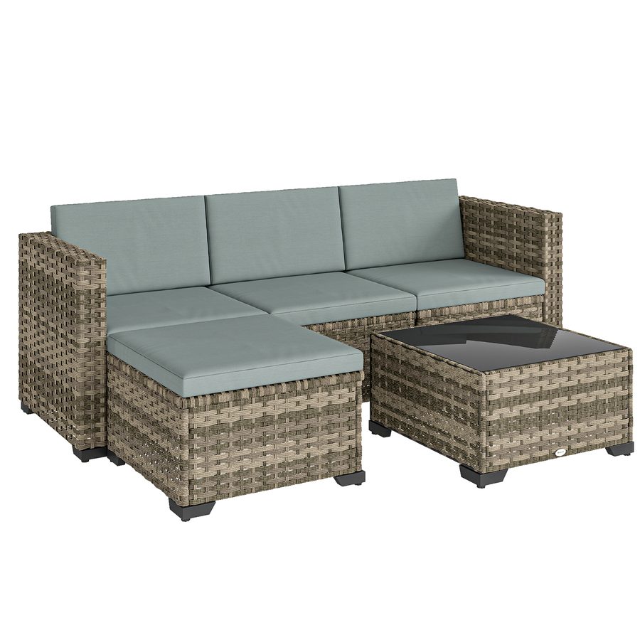 Outsunny 5-teiliges Rattan-Garten-Set, robustes Terrassen-Set, Gartenmöbel inkl. Kissen, 2 Ecksessel, Sessel ohne Armlehnen, Fußhocker und Couchtisch, Hellgrau   Aosom von Outsunny