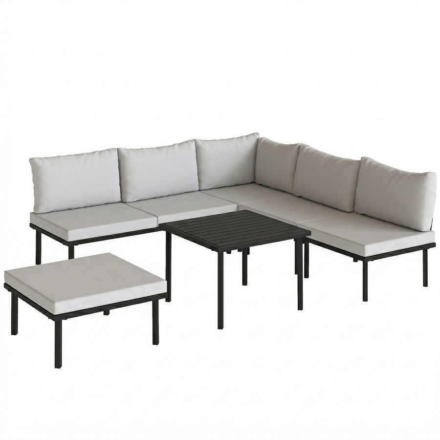 Outsunny Lounge Gartenmöbel Set 5-6 Personen Gartenlounge Set mit 2 Sitzer Gartensofa 2 Stühle Eckstuhl Lamell-Tisch Fußhocker dicke Kissen, Balkonmöbel Ecksofa Outdoor Sitzgruppe Hellgrau   Aosom von Outsunny