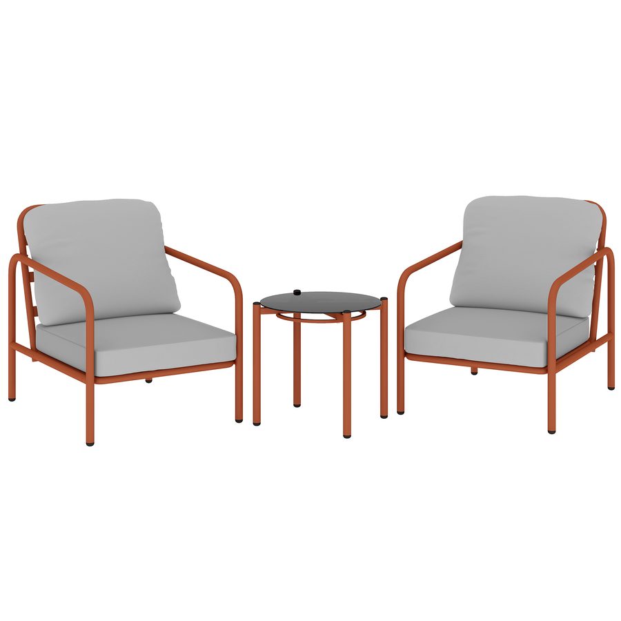 Outsunny 3-teiliges Garten-Set, 2 Sessel mit dicken abnehmbaren Kissen, 1 Beistelltisch mit gehärteter Glasplatte, Stahlrahmen, Gartenset für Terrasse Balkon Veranda, Weinrot   Aosom von Outsunny