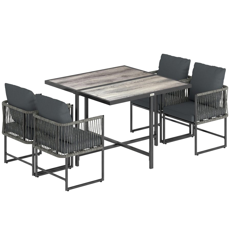 Outsunny Polyrattan Gartenmöbel Set 5-teilig Platzsparend Sitzgruppe Tisch mit 4 Stühlen DPC-Tischplatte abnehmbar Kissen, Essgruppe 4 Personen Gartenset Gartengarnitur für Garten Balkon Terrasse   Aosom von Outsunny